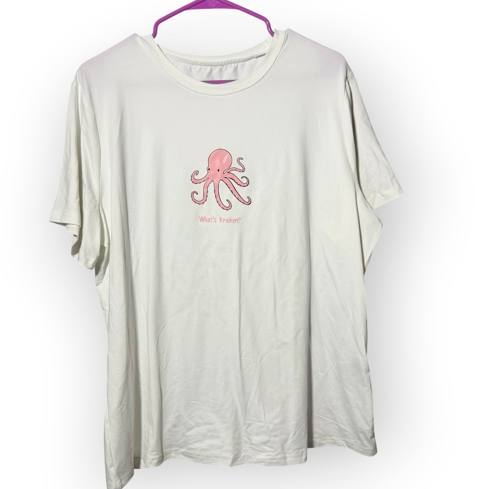 SHEIN CURVE Whats Kraken Octopus Graphic Tee White Plus Size 1XL Short Sleeve